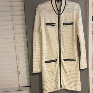 Boston Proper White Textured Jacket with Black Trim